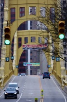 Green traffic lights above the bridge, Pittsburgh, by marcorossimusic